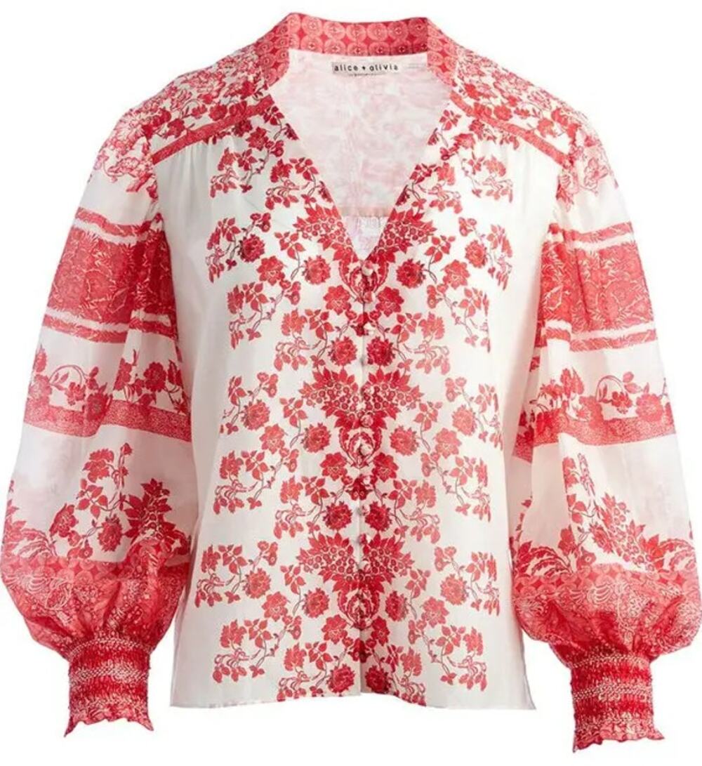 Alice + Olivia EUC Serena Bell Sleeve Blouse Size Small Petite Red White V-Neck